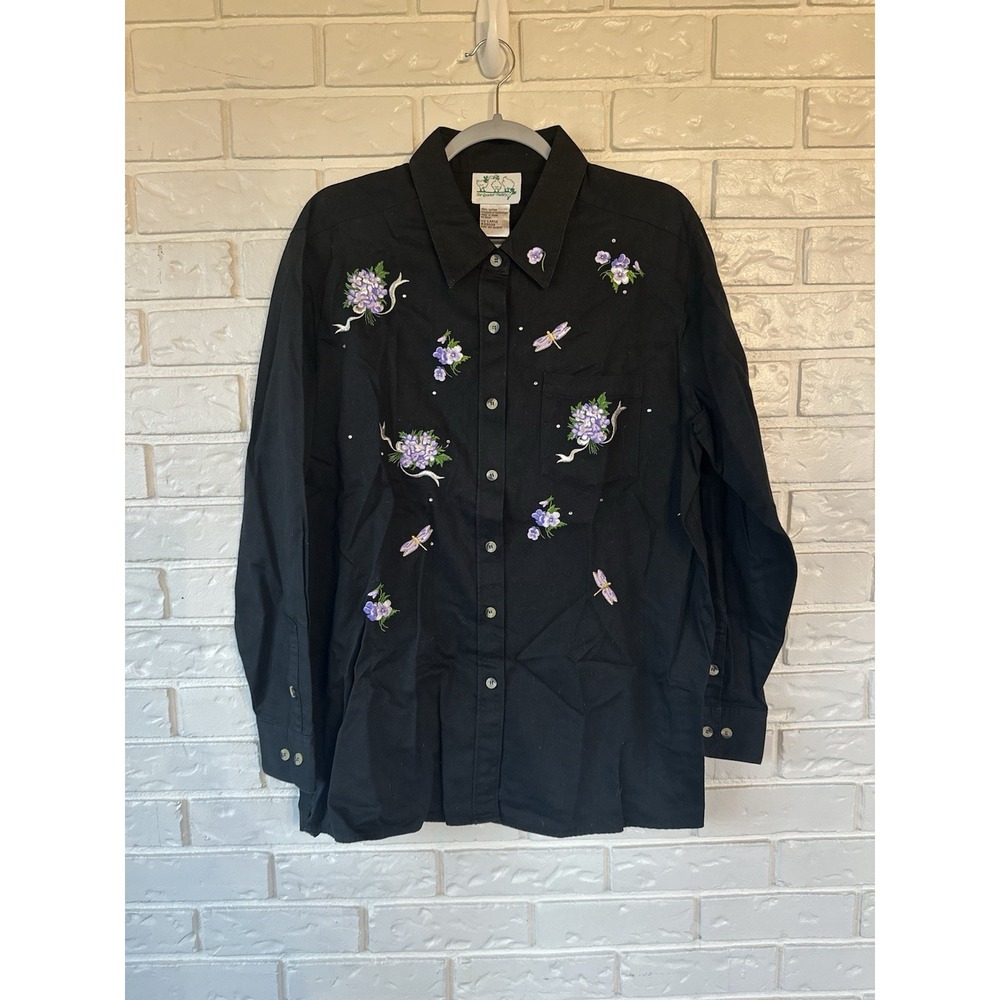 Quacker Factory Black Button Down Shirt Large Purple Floral